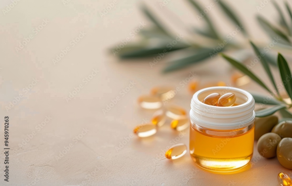Olive Oil Bottle and Capsules on Table Olive Oil Bottle and Capsules on Table