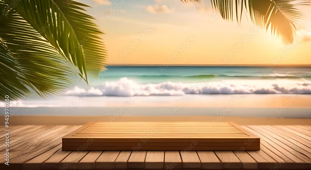 Empty wooden podium on a beach with tropical leaves and bokeh, ideal for showcasing products in a tranquil setting Empty wooden podium on a beach with tropical leaves and bokeh, ideal for showcasing products in a tranquil setting