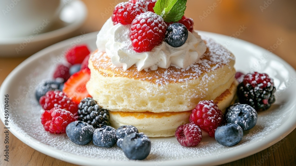 Fluffy souffle pancakes topped with whipped cream and fresh berries, served on a white plate set on a wooden table, close-up, capturing the delicious textures and vibrant colors