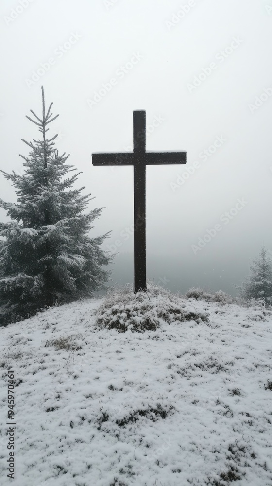 A serene winter landscape featuring a simple empty cross on a snowy hill next to a decorated Christmas tree, symbolizing sacrificial love during the winter season. A serene winter landscape featuring a simple empty cross on a snowy hill next to a decorated Christmas tree, symbolizing sacrificial love during the winter season.