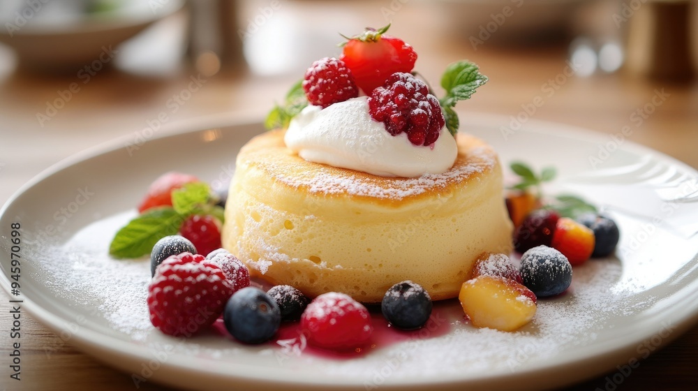 Fluffy souffle pancakes with a dollop of cream and assorted berries, white plate on a wooden table, close-up, capturing the textures and flavors Fluffy souffle pancakes with a dollop of cream and assorted berries, white plate on a wooden table, close-up, capturing the textures and flavors