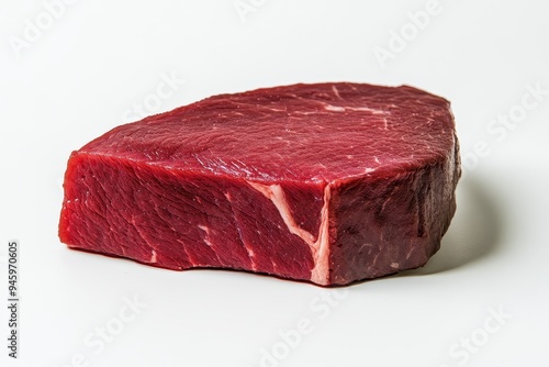 A raw piece of red meat displayed on a white background. photo