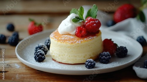 Fluffy souffle pancakes with a dollop of cream and fresh berries, served on a white plate, set on a rustic wooden table, close-up, inviting and delicious