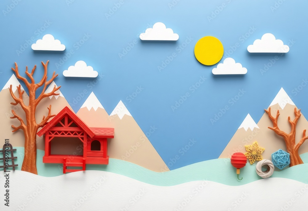 Papercraft Landscape with Red House, Mountains, and Sun. Papercraft Landscape with Red House, Mountains, and Sun.