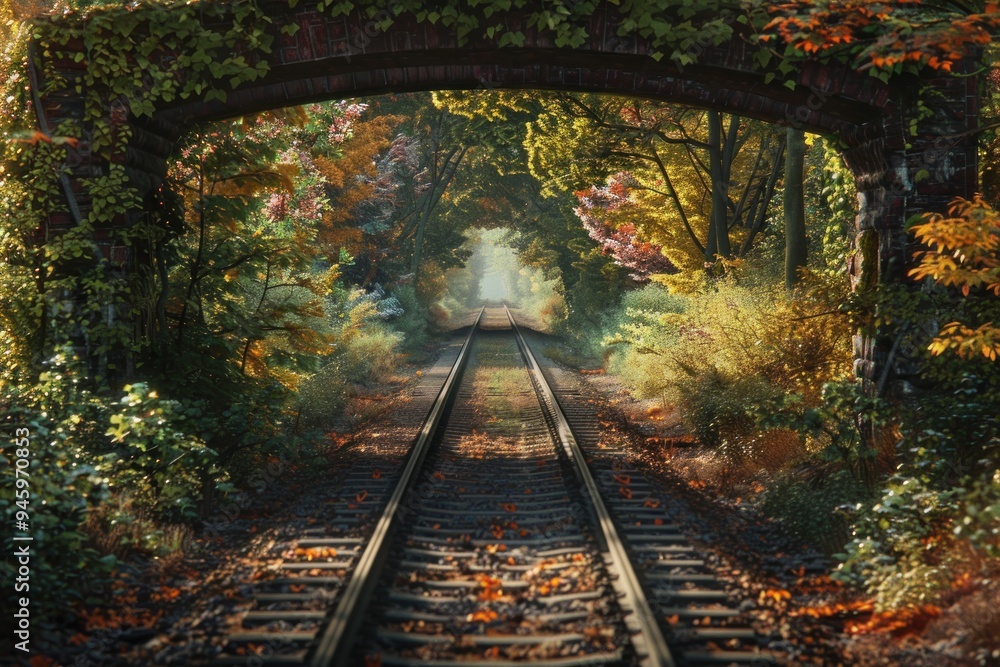 Autumnal Railway Tracks Leading Through a Lush Forest A Journey Through Nature's Beauty, Capture the Essence of a Seasonal Landscape with This Stunning Image Autumnal Railway Tracks Leading Through a Lush Forest A Journey Through Nature's Beauty, Capture the Essence of a Seasonal Landscape with This Stunning Image