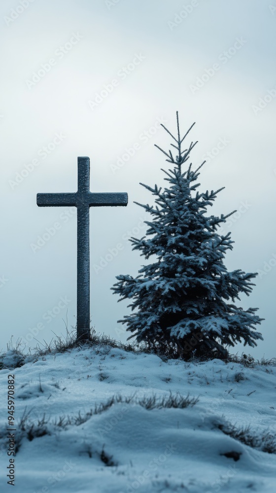 A serene winter landscape featuring a simple empty cross on a snowy hill next to a decorated Christmas tree, symbolizing sacrificial love during the winter season. A serene winter landscape featuring a simple empty cross on a snowy hill next to a decorated Christmas tree, symbolizing sacrificial love during the winter season.
