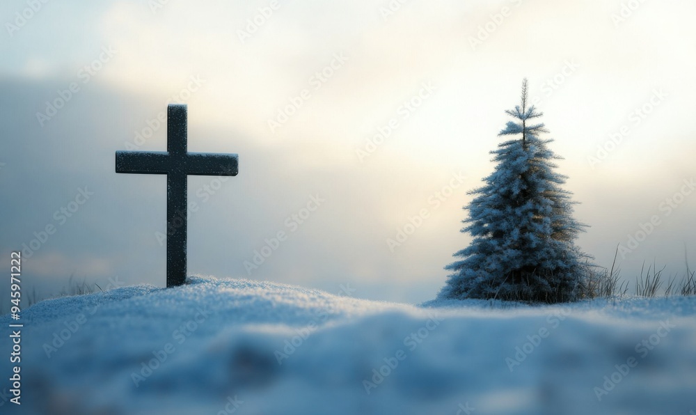 A serene winter landscape featuring a simple empty cross on a snowy hill next to a decorated Christmas tree, symbolizing sacrificial love during the winter season.