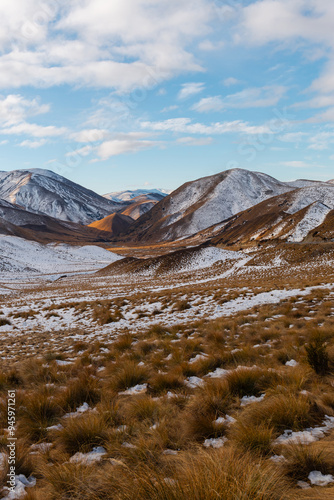 Beautiful landscape view with some snow at Lindis Pass, New Zealand. photo