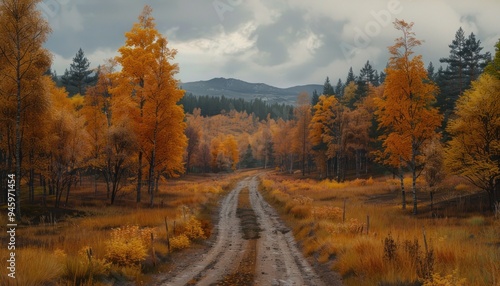 Scenic Autumn Road Through a Wilderness Forest, Capture the Essence of a Journey in This Tranquil Landscape Image