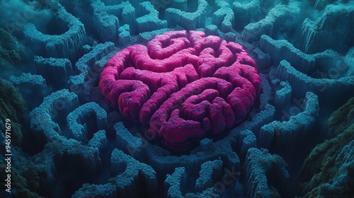 A pink brain is surrounded by a maze of green and blue