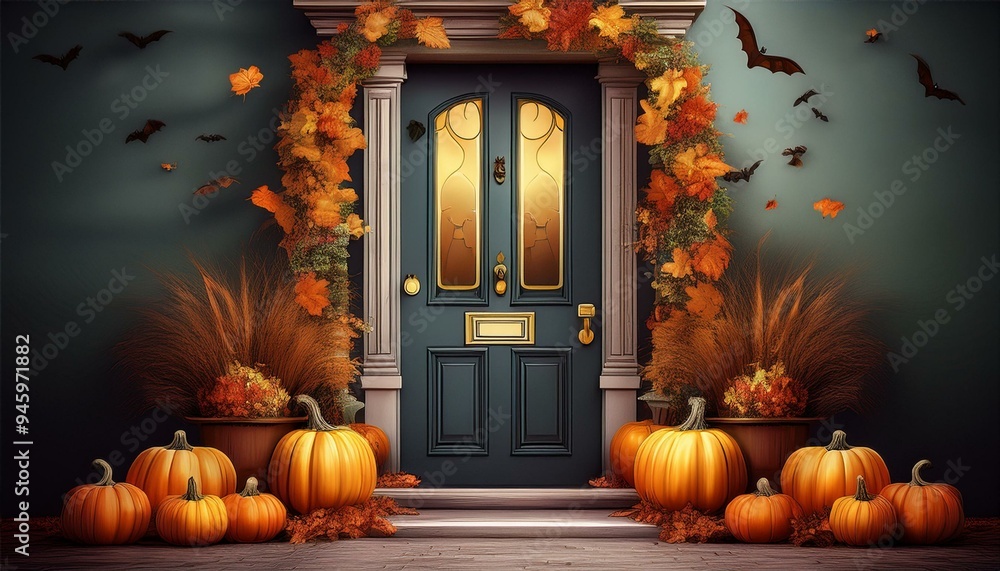 Obraz premium Halloween or Thanksgiving day decorated house door with spooky pumpkins and autumn holiday decoration. Generated AI.