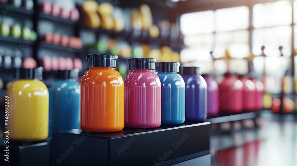 Energizing Fitness Supplements and Protein Shakes Displayed on Podium in Vibrant Fitness Class Environment Energizing Fitness Supplements and Protein Shakes Displayed on Podium in Vibrant Fitness Class Environment