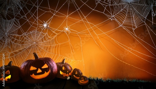 Halloween party background with spider web and pumpkins