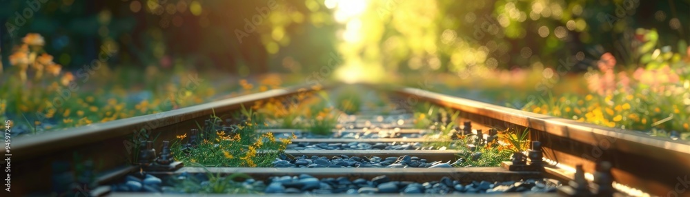 Sunlit Railway Tracks Through Lush Summer Foliage Capturing the Essence of a Seasonal Journey, Nature's Serenity