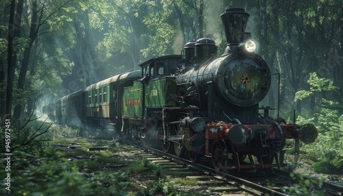 Steam Locomotive Journey Through Lush Green Forest, Capturing the Beauty and Serenity of Nature, A Breathtaking Scenic Railroad Adventure photo