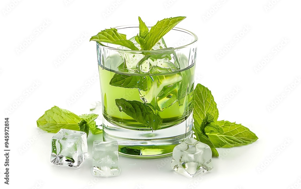 Mojito cocktail with ice cubes and mint isolated on white background Mojito cocktail with ice cubes and mint isolated on white background
