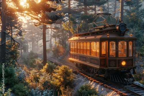 Vintage Train Journey Through a Sun-Drenched Forest A Scenic Railroad Trip Through Lush Greenery and Golden Light, Capturing the Beauty of Nature and the Romance of Rail Travel photo