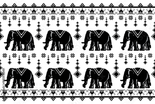 Black thai elephant border, ethnic pixel pattern, ornament, Thai traditional style, illustration design for background,carpet,wrapping, textile, silk, fabric,trousers.