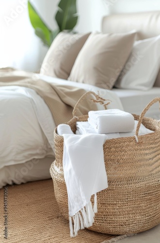 Cozy Bedroom With Laundry Basket by Bed in Modern Apartment Setting photo