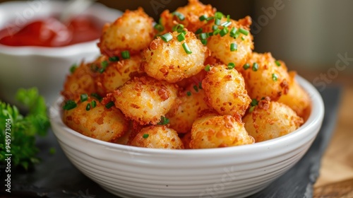 Golden and crispy tater tots, seasoned to perfection and served piping hot, offer a nostalgic and satisfying crunch with every bite, making them the perfect comfort food snack