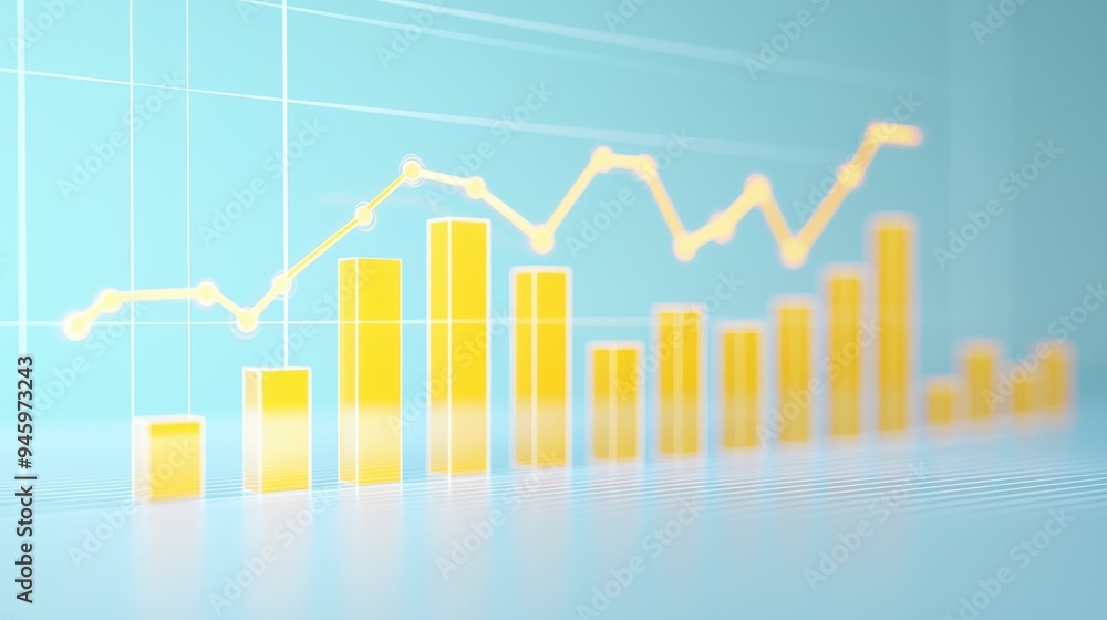 A 3D bar graph with yellow bars, showing market growth and fluctuations against a smooth light blue background A 3D bar graph with yellow bars, showing market growth and fluctuations against a smooth light blue background