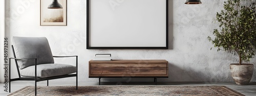 A 3D rendered mockup frame set within a modern farmhouse inspired living room interior featuring a grey linen armchair wooden media console patterned area rug and pendant lighting for a cozy photo