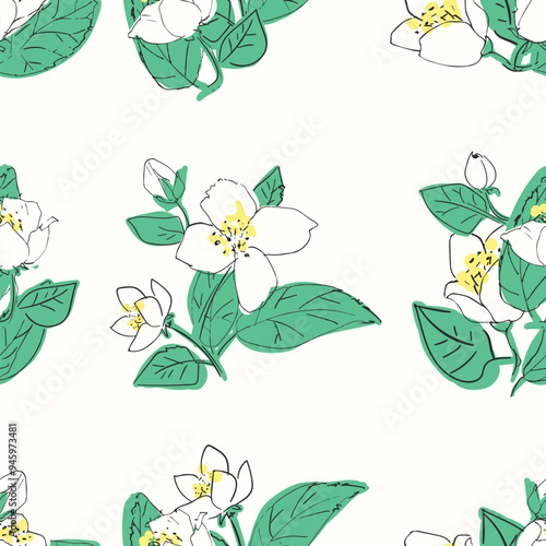 Seamless vector pattern with jasmine flowers. Floral background illustration.