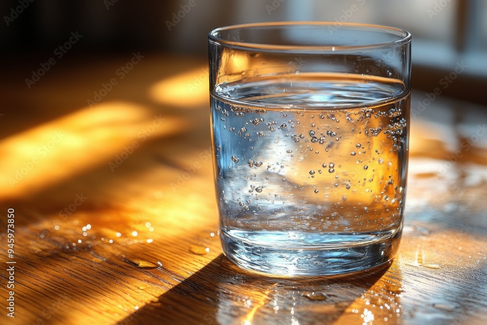 A glass of water resting on a wooden table reflects sunlight, showcasing intricate condensation droplets and merging realism with artistry in an artistic light display. A glass of water resting on a wooden table reflects sunlight, showcasing intricate condensation droplets and merging realism with artistry in an artistic light display.