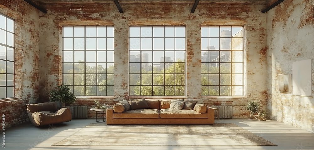 Living room in a post-factory loft. Minimalist decor. Living room in a post-factory loft. Minimalist decor.