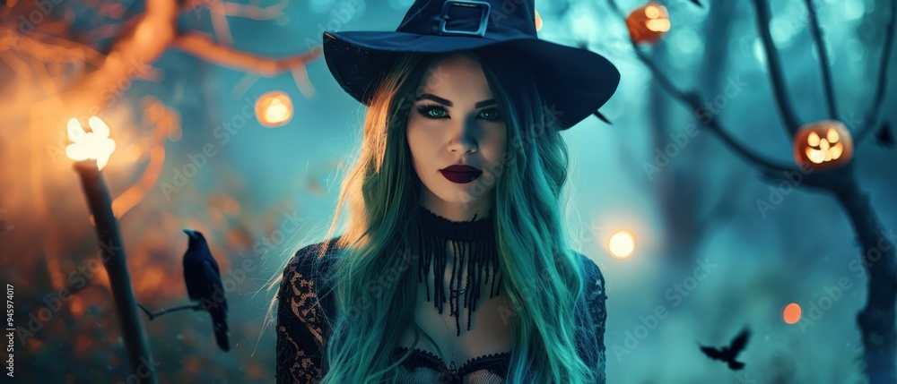 Enchanting Witch with Green Hair in Mystical Forest Enchanting Witch with Green Hair in Mystical Forest
