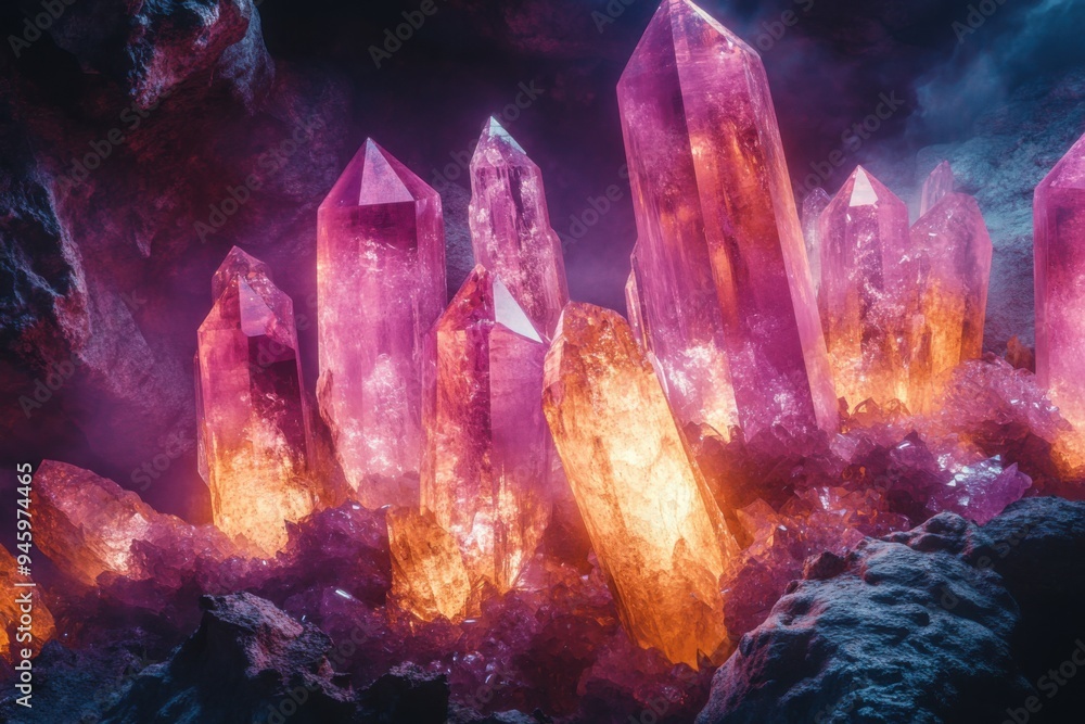 Glowing crystal formations illuminate a dark mystical cave with surreal colors in a captivating natural display, showcasing beauty and wonder. Glowing crystal formations illuminate a dark mystical cave with surreal colors in a captivating natural display, showcasing beauty and wonder.