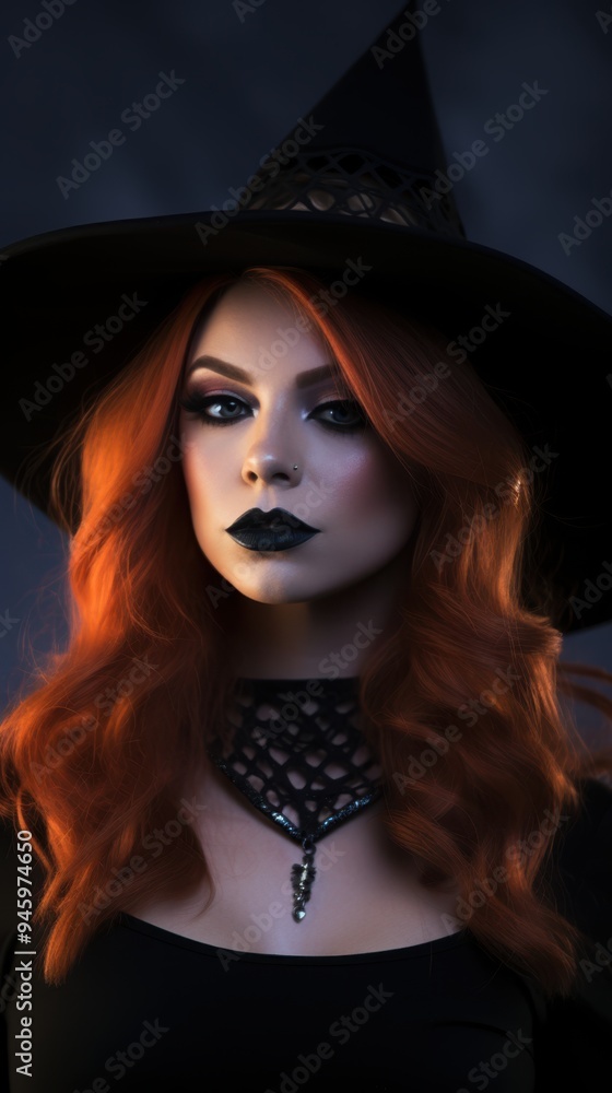 Portrait of a red-haired witch with dark makeup, including black lipstick, and wearing a black hat. The soft lighting contrasts with the deep shadows, creating a moody, enigmatic atmosphere Portrait of a red-haired witch with dark makeup, including black lipstick, and wearing a black hat. The soft lighting contrasts with the deep shadows, creating a moody, enigmatic atmosphere
