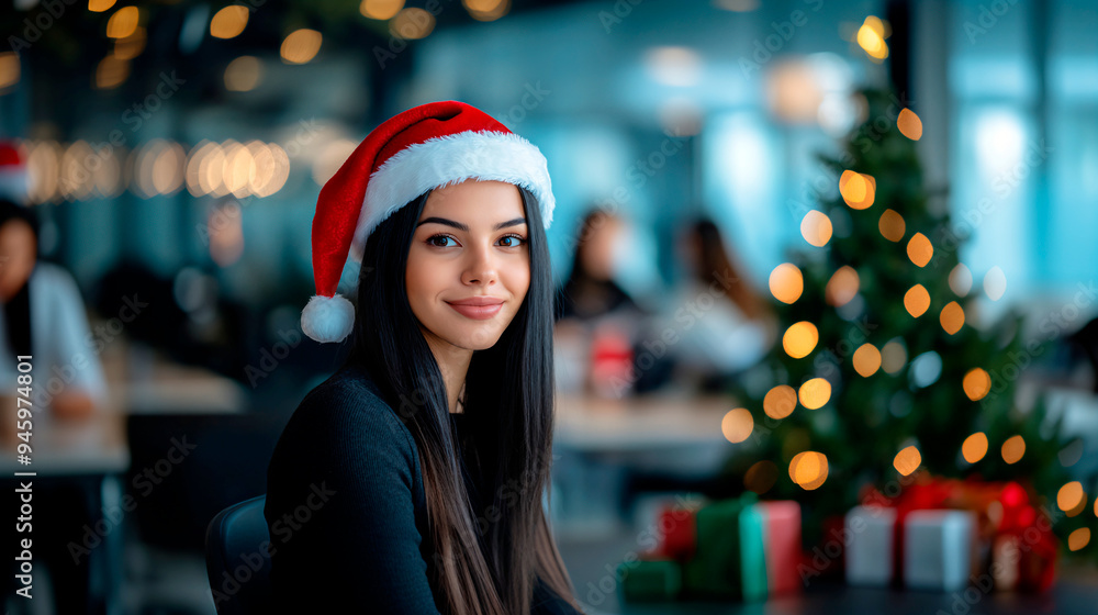 Hispanic young woman wearing santa hat smiling in festive office with christmas tree in background. Hispanic young woman wearing santa hat smiling in festive office with christmas tree in background.