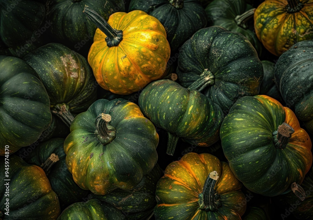 A collection of pumpkins in various shades of green and yellow Some have mottled patterns, creating a rich autumnal vibe A collection of pumpkins in various shades of green and yellow Some have mottled patterns, creating a rich autumnal vibe