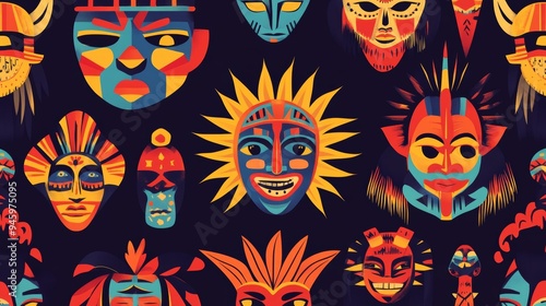 A black background is adorned with Aztec-inspired patterns based on vibrant colors and intricate designs.