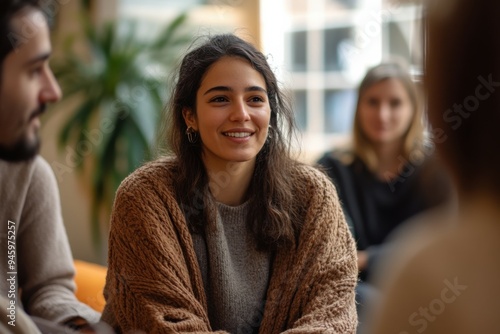 Group therapy session in a warm, inviting room with diverse participants sharing emotional support and connections during a reflective afternoon meeting. photo