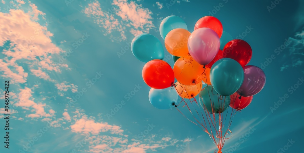 Fototapeta premium Colorful Balloons Floating in a Blue Sky With White Clouds on a Sunny Day