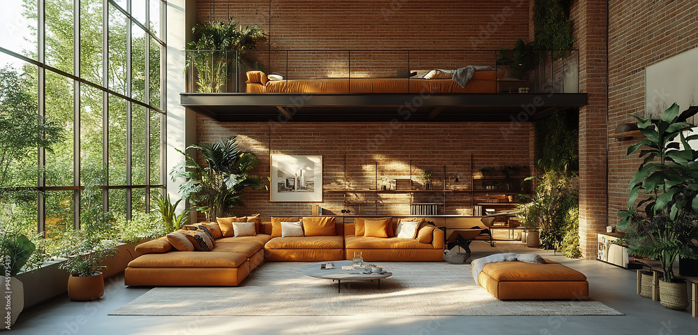 Living room in a post-factory loft. Minimalist decor. Living room in a post-factory loft. Minimalist decor.