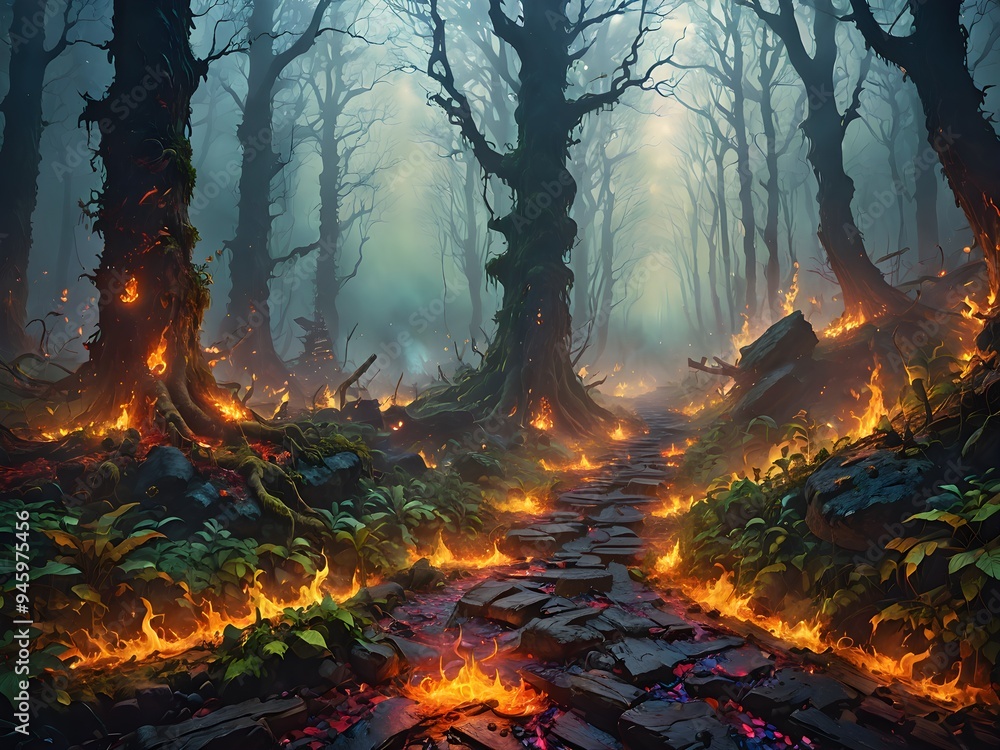Fototapeta premium Dark Forest Path with Fire on Ground in Dense Fog