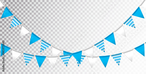 Blue and White Bavaria Party Flag Garland Isolated on Clean Background. Vector Oktoberfest Illustration for Traditional German Beer Festival. Holiday Celebration Flyer Design Template for Banner