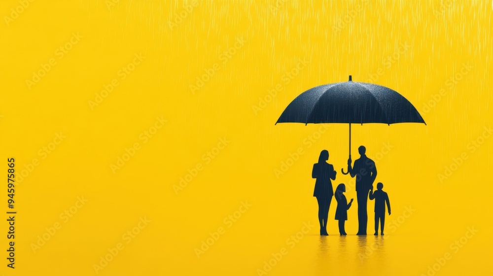 A family standing under a large, protective umbrella with a life insurance policy printed on it, life uncertainties, showing how life insurance provides protection against the unexpected A family standing under a large, protective umbrella with a life insurance policy printed on it, life uncertainties, showing how life insurance provides protection against the unexpected