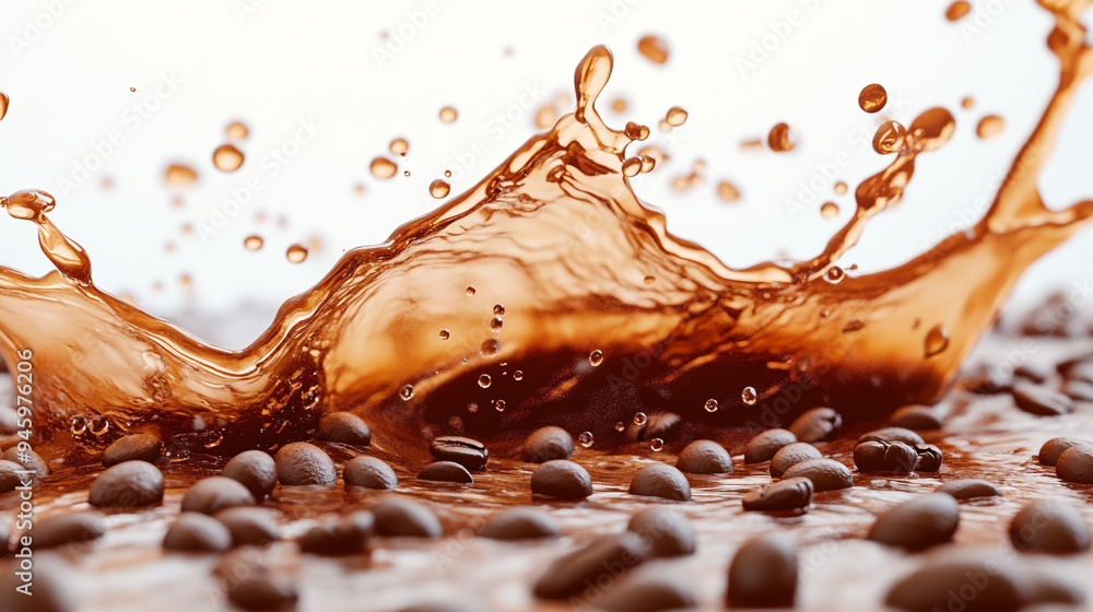 A close-up view of coffee beans splashed with liquid coffee creating dynamic patterns under soft lighting A close-up view of coffee beans splashed with liquid coffee creating dynamic patterns under soft lighting