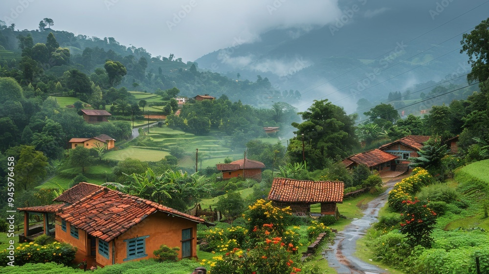 Rustic Homes Nestled in a Mountainous Landscape With Foggy Hills Rustic Homes Nestled in a Mountainous Landscape With Foggy Hills