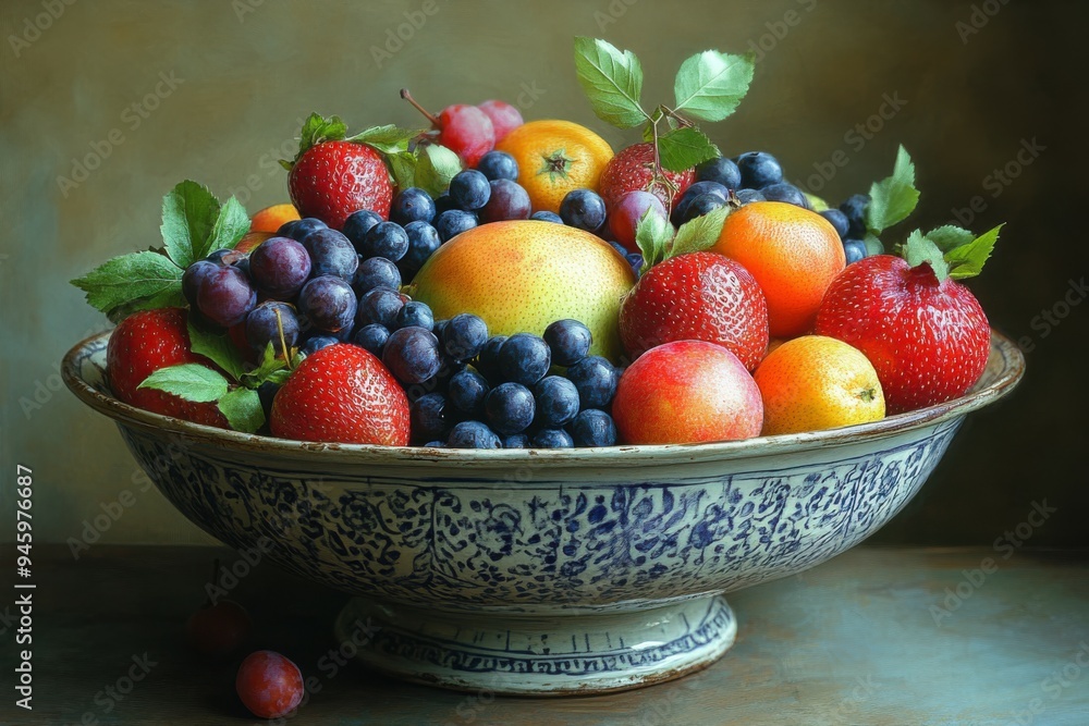 A hyper-detailed fruit bowl showcasing meticulously textured fruits with vibrant colors, natural light casting artistic shadows for a painterly effect. A hyper-detailed fruit bowl showcasing meticulously textured fruits with vibrant colors, natural light casting artistic shadows for a painterly effect.