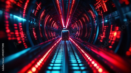 A lost bag caught between mechanical conveyor belts, surrounded by holographic signs, glowing paths guiding it through an airport, cyberpunk, vibrant colors, digital art