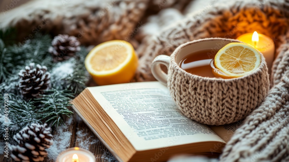 Cozy winter setting with a warm drink, lemon slice, and an open book by candlelight Cozy winter setting with a warm drink, lemon slice, and an open book by candlelight