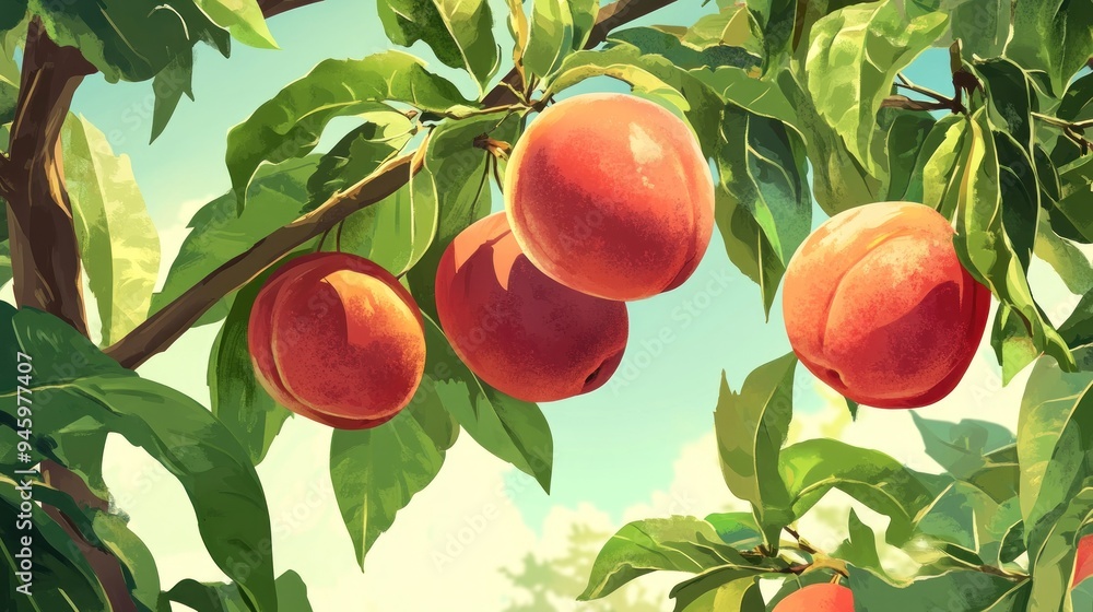 Peaches on a Branch in a Sunny Orchard