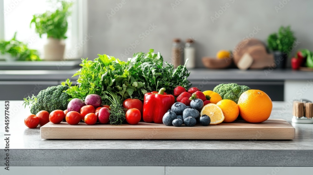 A podium showcasing an assortment of organic fruits and vegetables, set against a clean, minimalist kitchen background A podium showcasing an assortment of organic fruits and vegetables, set against a clean, minimalist kitchen background