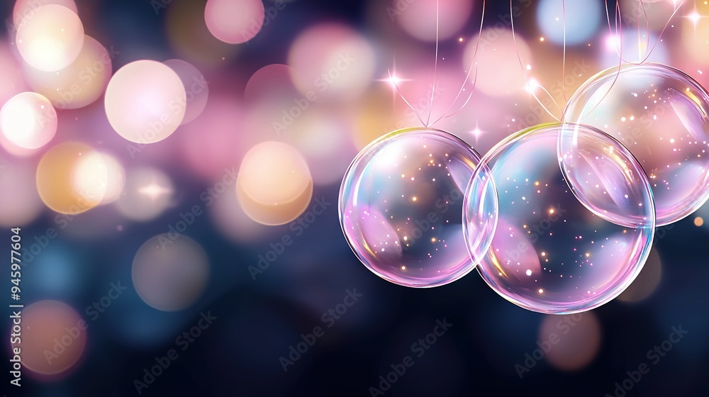 A sea of bubbles floats against a blurred blue-pink backdrop with twinkling stars overhead A sea of bubbles floats against a blurred blue-pink backdrop with twinkling stars overhead