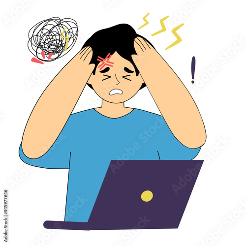 illustration of a male character with a picture of stress due to his work, sitting in front of his laptop.